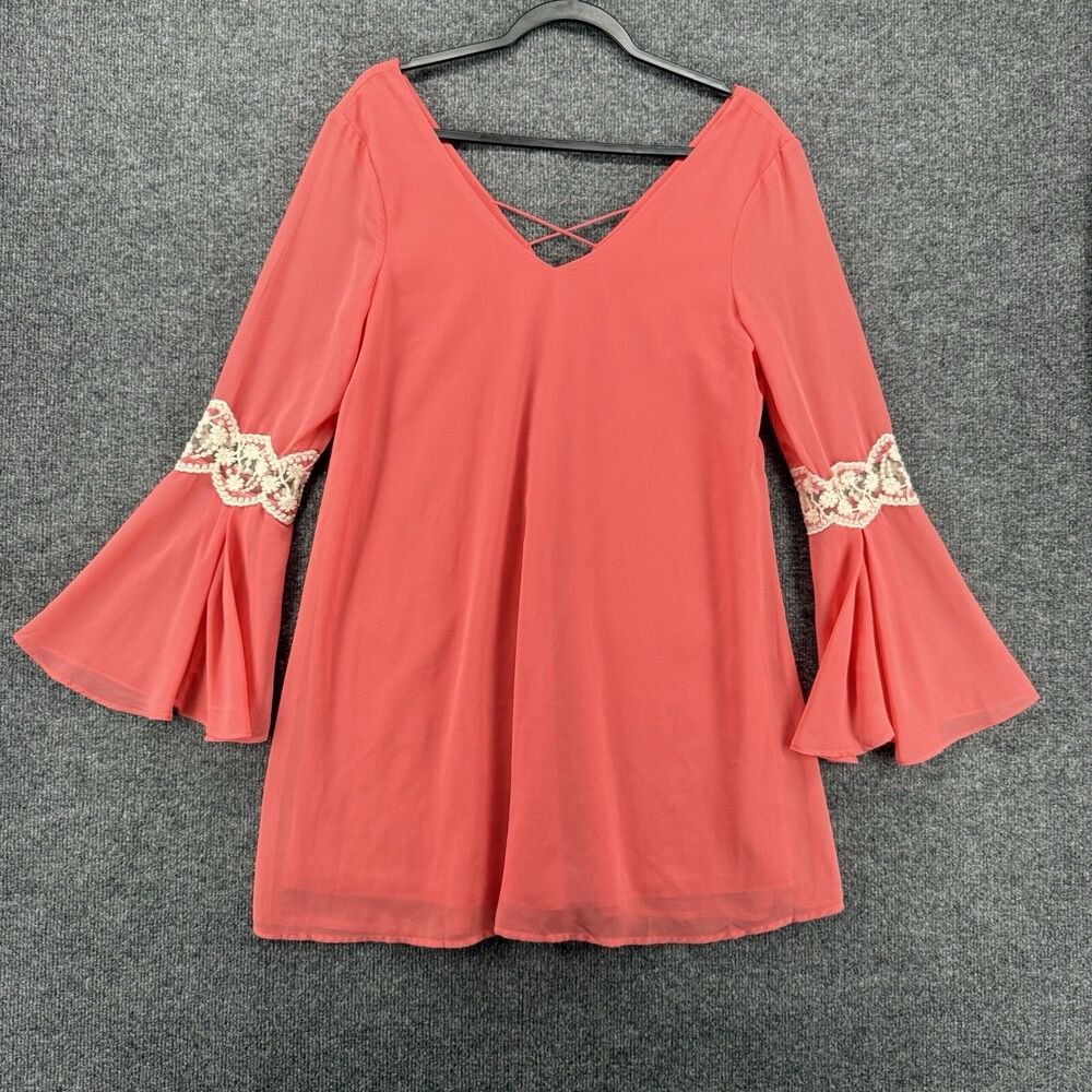 UMGEE Dress Womens S Orange Shift Lace Bell Sleeve Relaxed‎ Boho Western Cottage